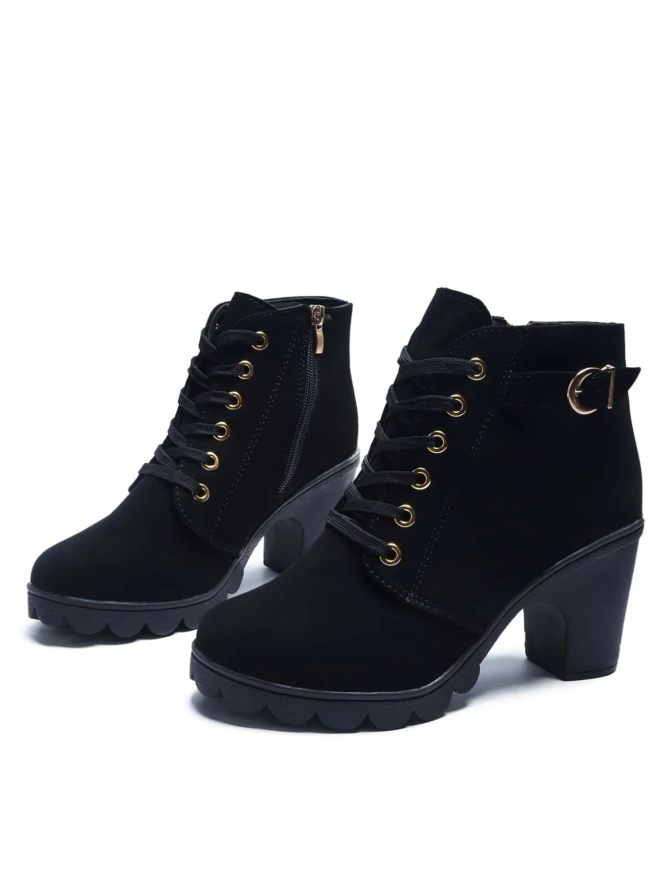 Buckle Detail Side Zip Chunky Heeled Combat Boots