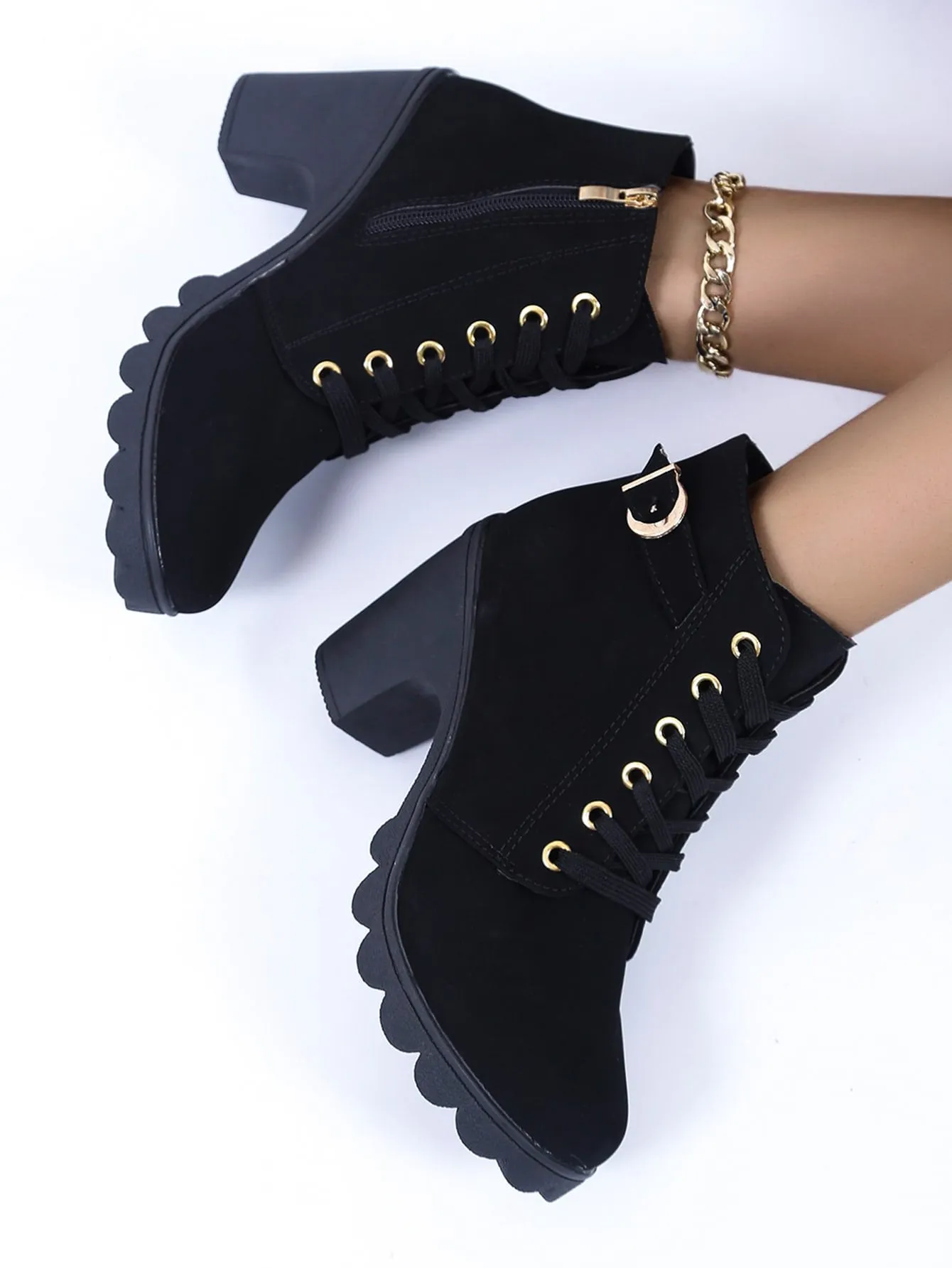 Buckle Detail Side Zip Chunky Heeled Combat Boots