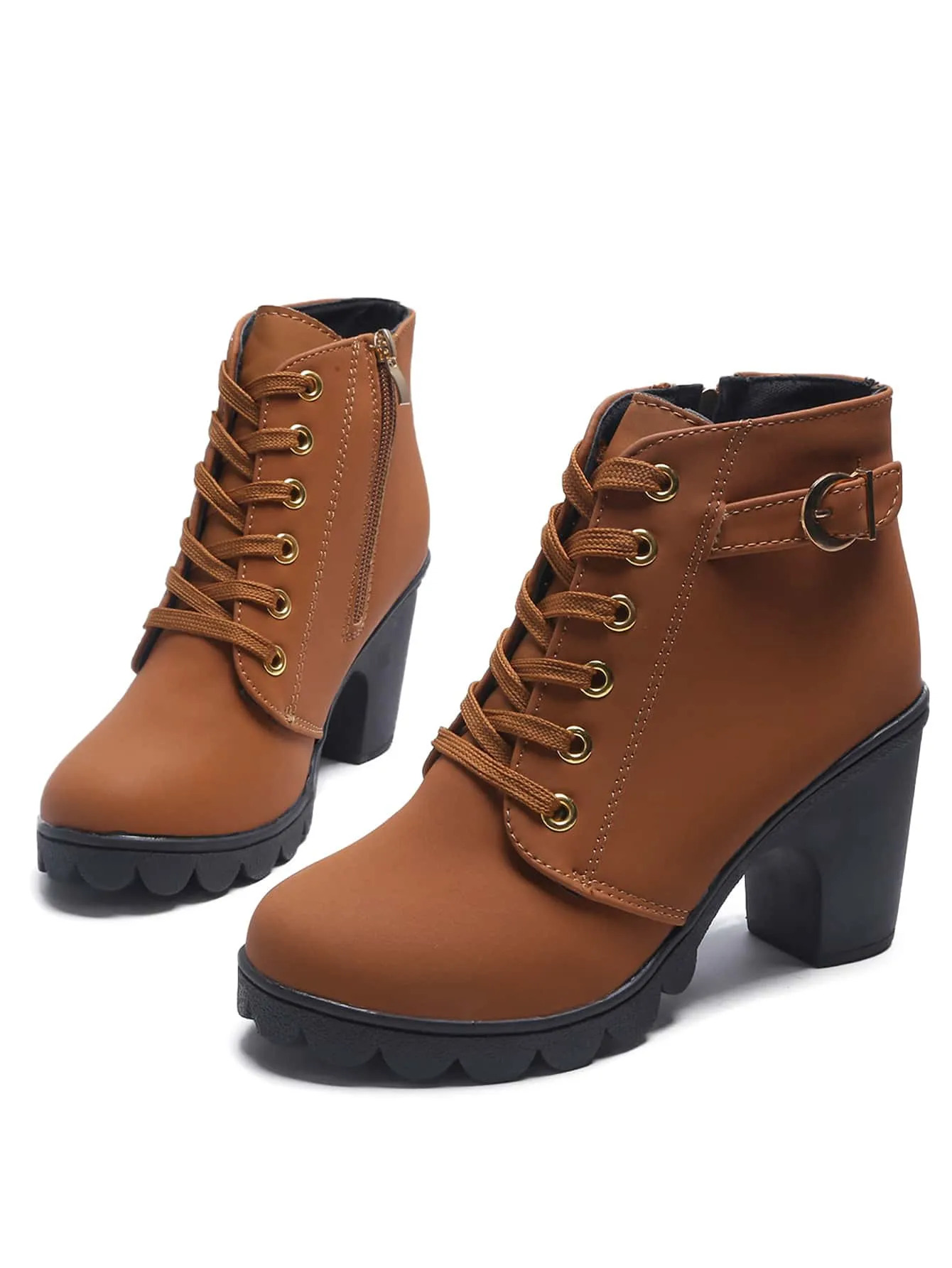 Buckle Detail Side Zip Chunky Heeled Combat Boots