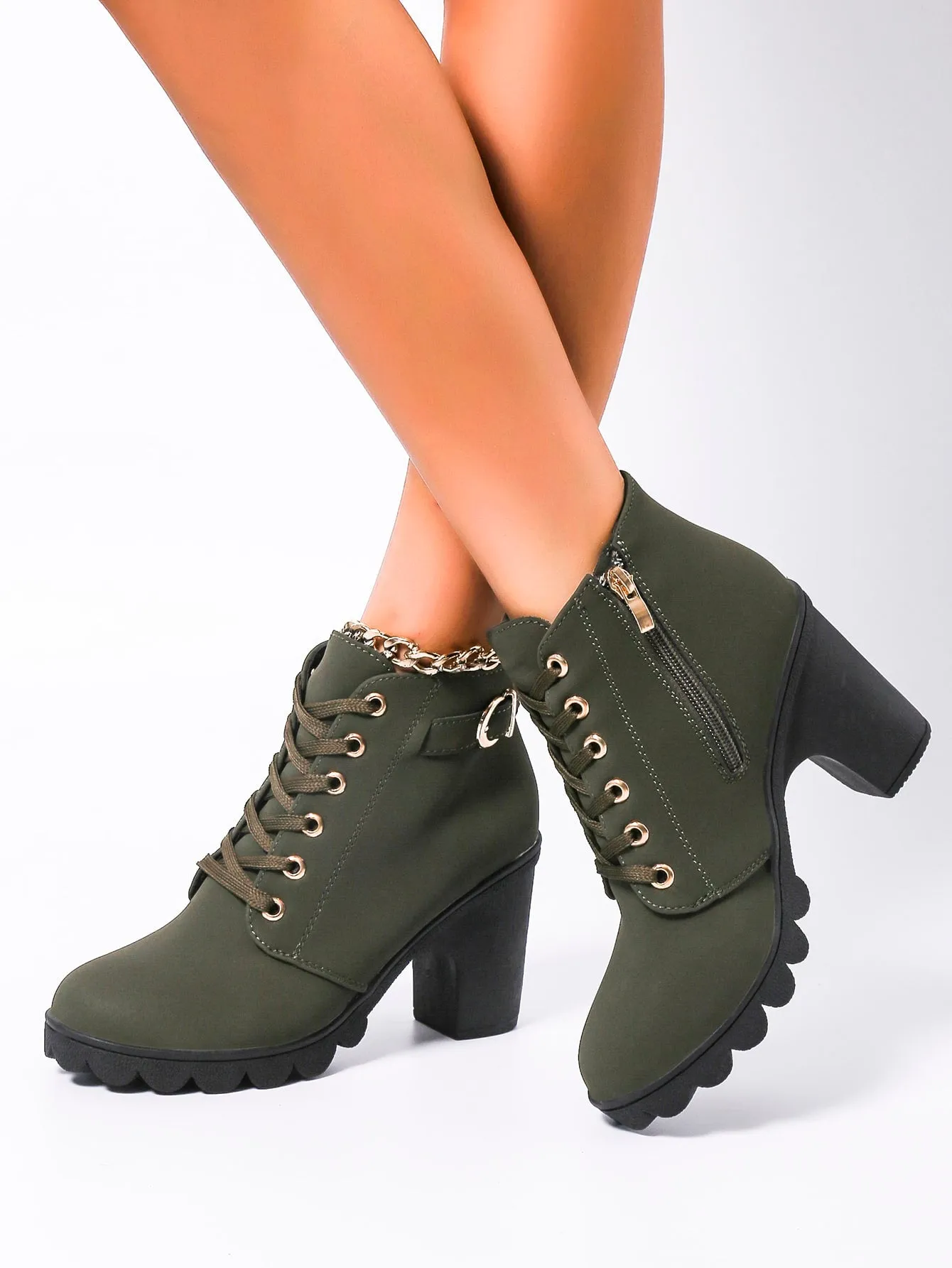 Buckle Detail Side Zip Chunky Heeled Combat Boots