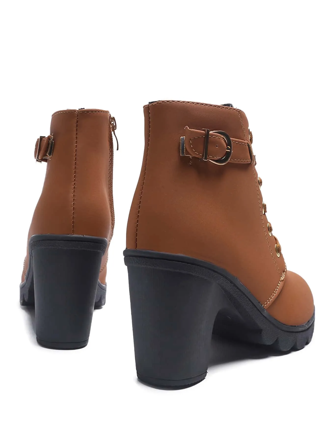 Buckle Detail Side Zip Chunky Heeled Combat Boots