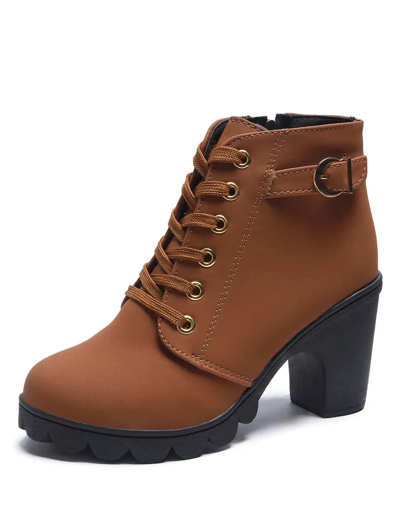 Buckle Detail Side Zip Chunky Heeled Combat Boots