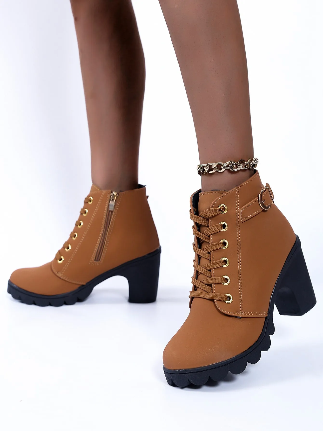 Buckle Detail Side Zip Chunky Heeled Combat Boots