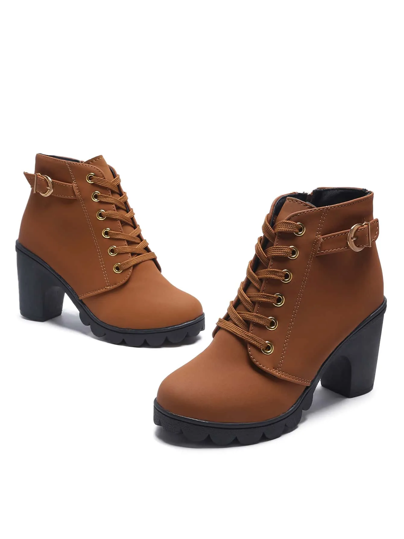 Buckle Detail Side Zip Chunky Heeled Combat Boots