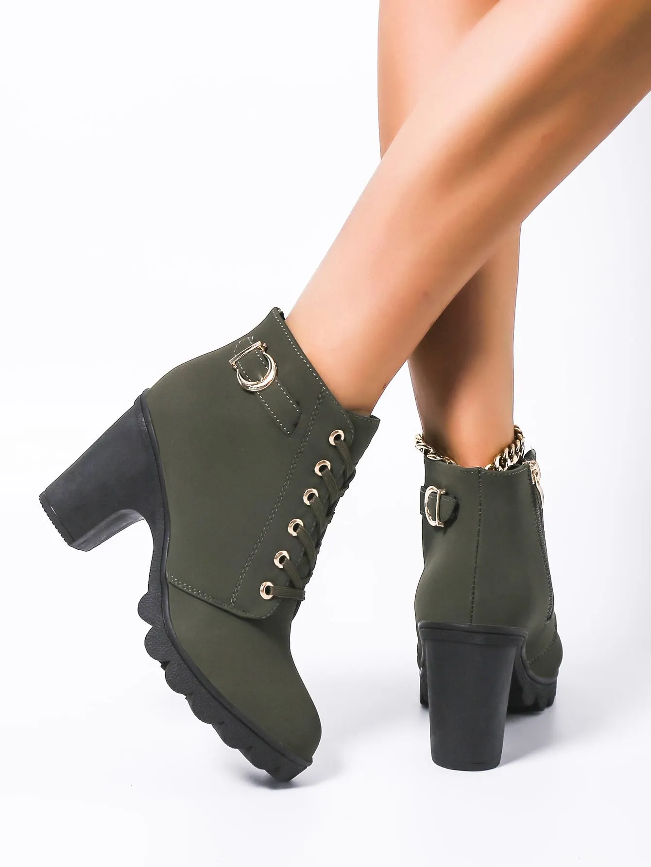 Buckle Detail Side Zip Chunky Heeled Combat Boots