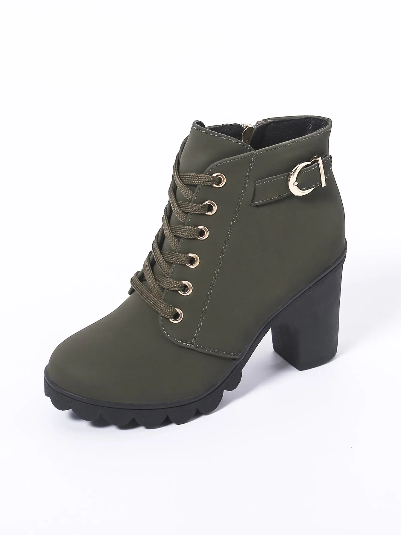 Buckle Detail Side Zip Chunky Heeled Combat Boots