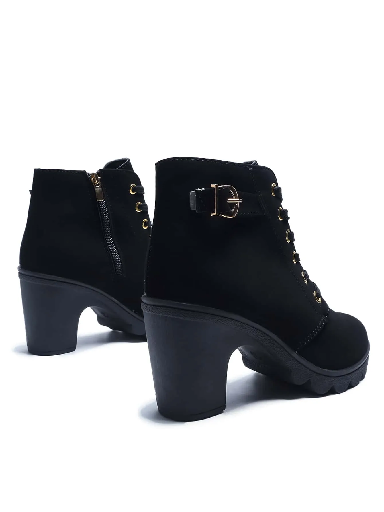 Buckle Detail Side Zip Chunky Heeled Combat Boots