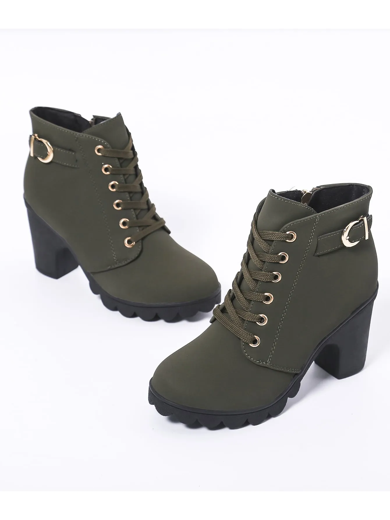 Buckle Detail Side Zip Chunky Heeled Combat Boots