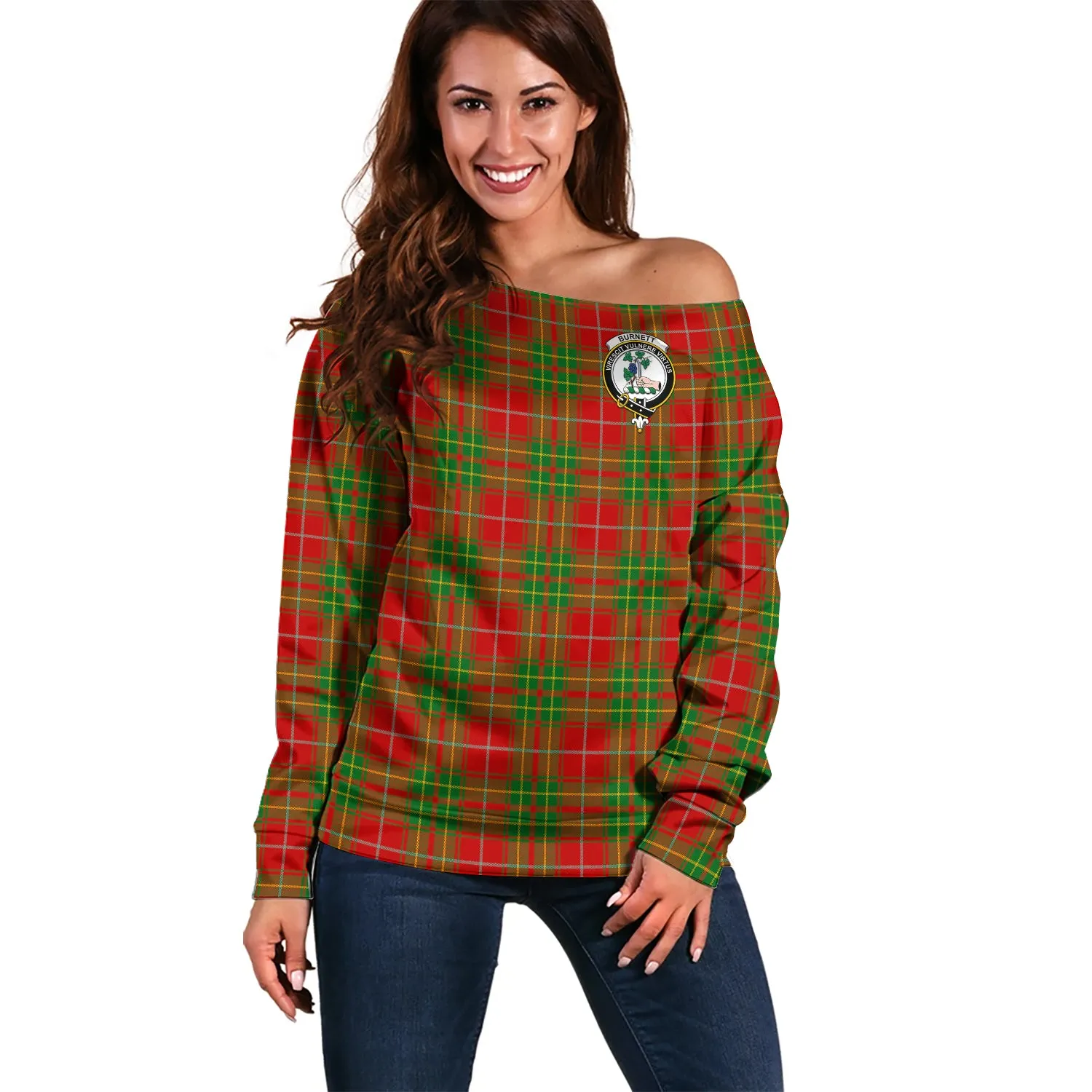 Burnett Tartan Off Shoulder Women Sweater with Family Crest