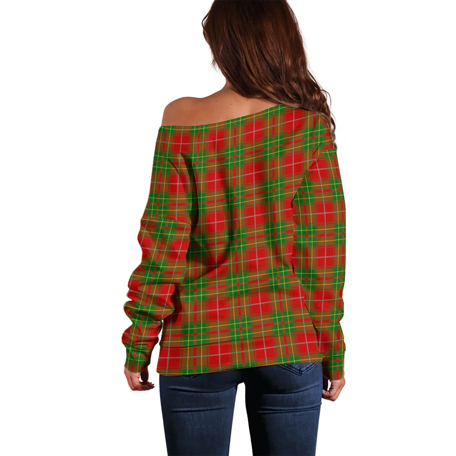 Burnett Tartan Off Shoulder Women Sweater with Family Crest