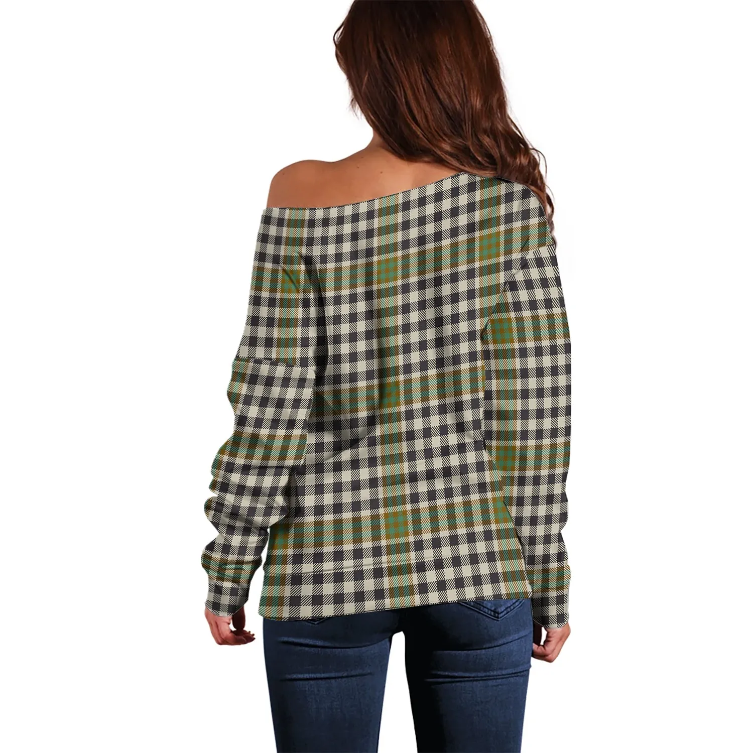 Burns Check Tartan Off Shoulder Women Sweater with Family Crest