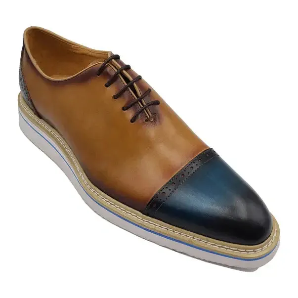 Carrucci Mens Navy & Tan Two Tone Cap Toe Oxford Leather Dress Shoes