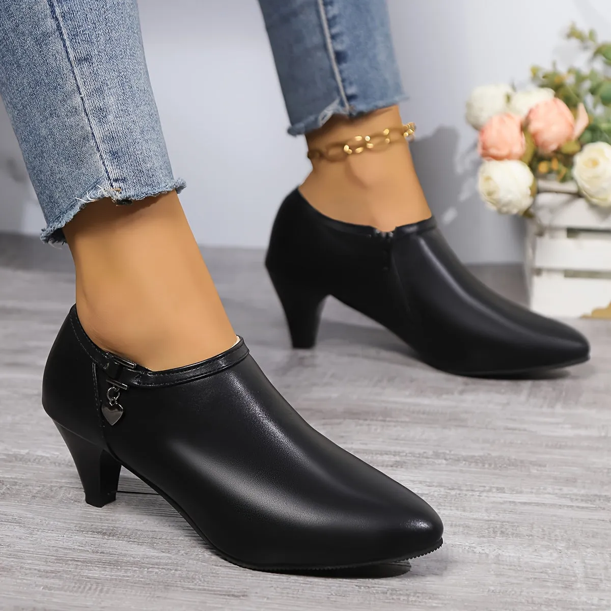 Chic Womens Pointed Toe Ankle Boots - All-Match Black Side Zipper Design, Comfortable Low-Heel for Fashion-Forward Office & Work Wear