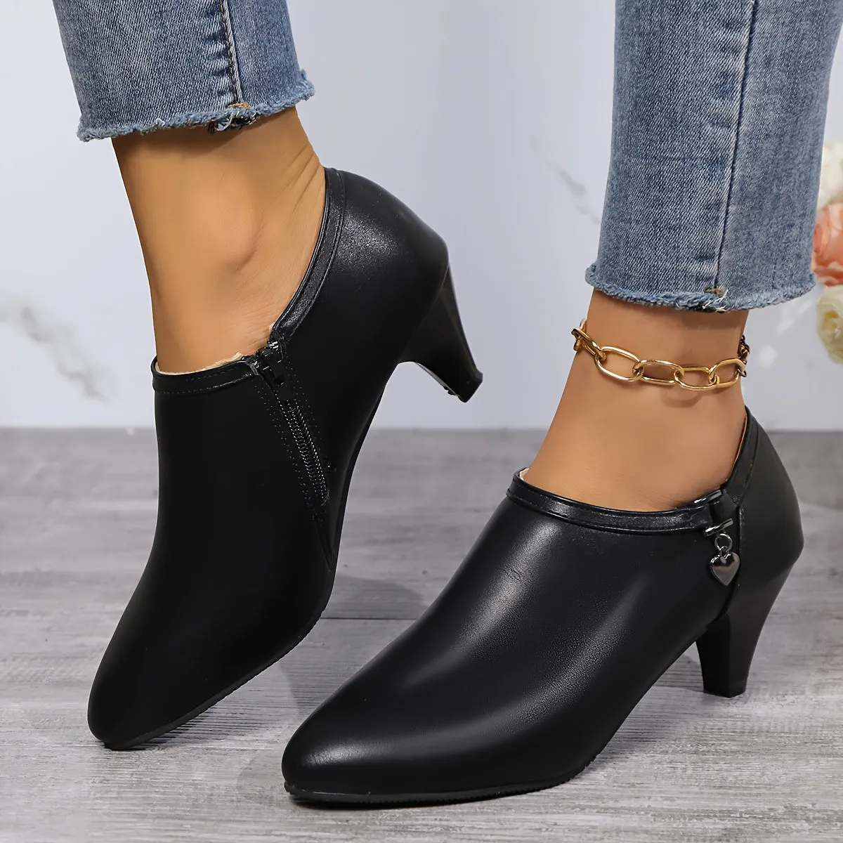 Chic Womens Pointed Toe Ankle Boots - All-Match Black Side Zipper Design, Comfortable Low-Heel for Fashion-Forward Office & Work Wear