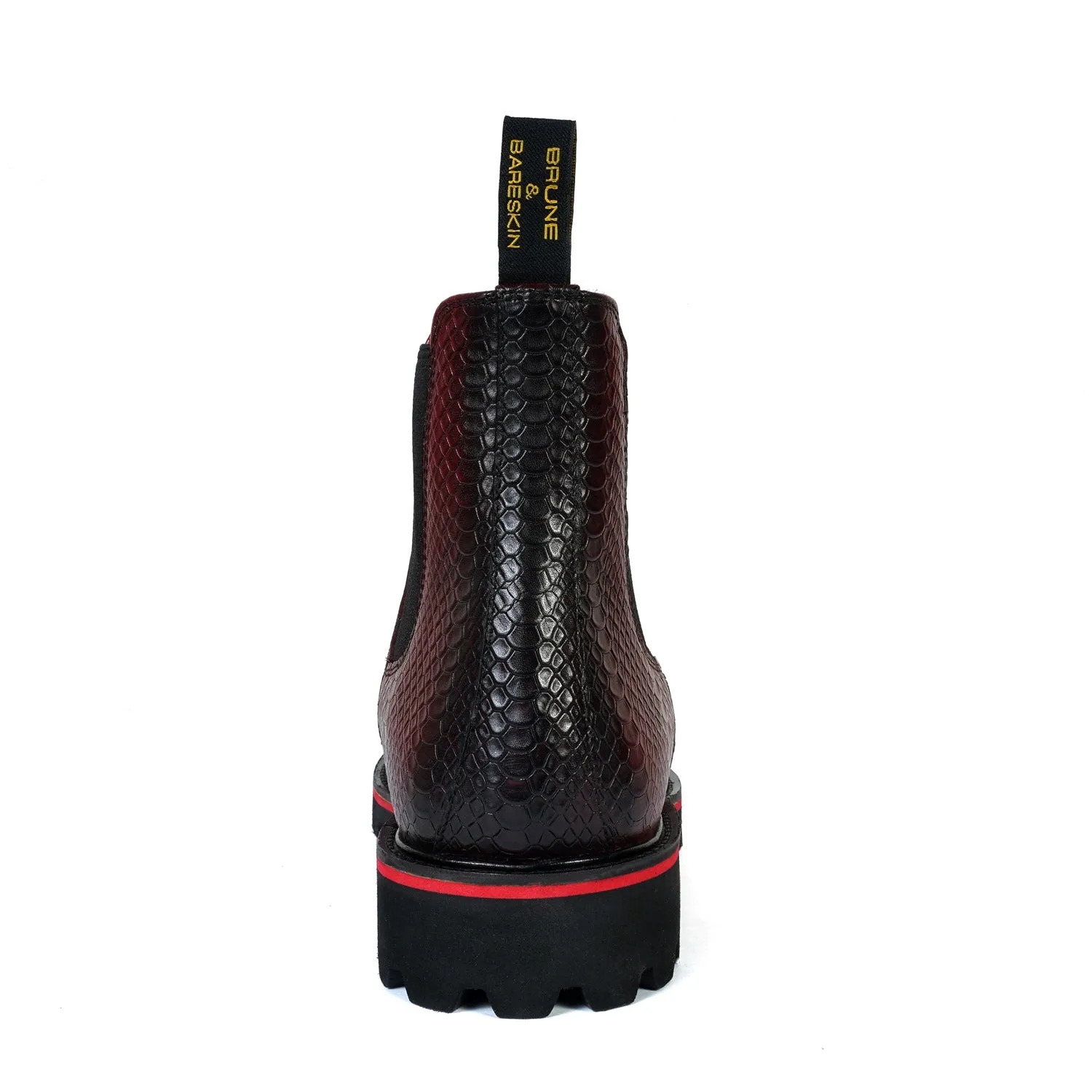 Chunky Sole Wine Chelsea Boot with Snake Skin Textured Leather