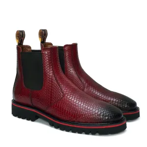 Chunky Sole Wine Chelsea Boot with Snake Skin Textured Leather