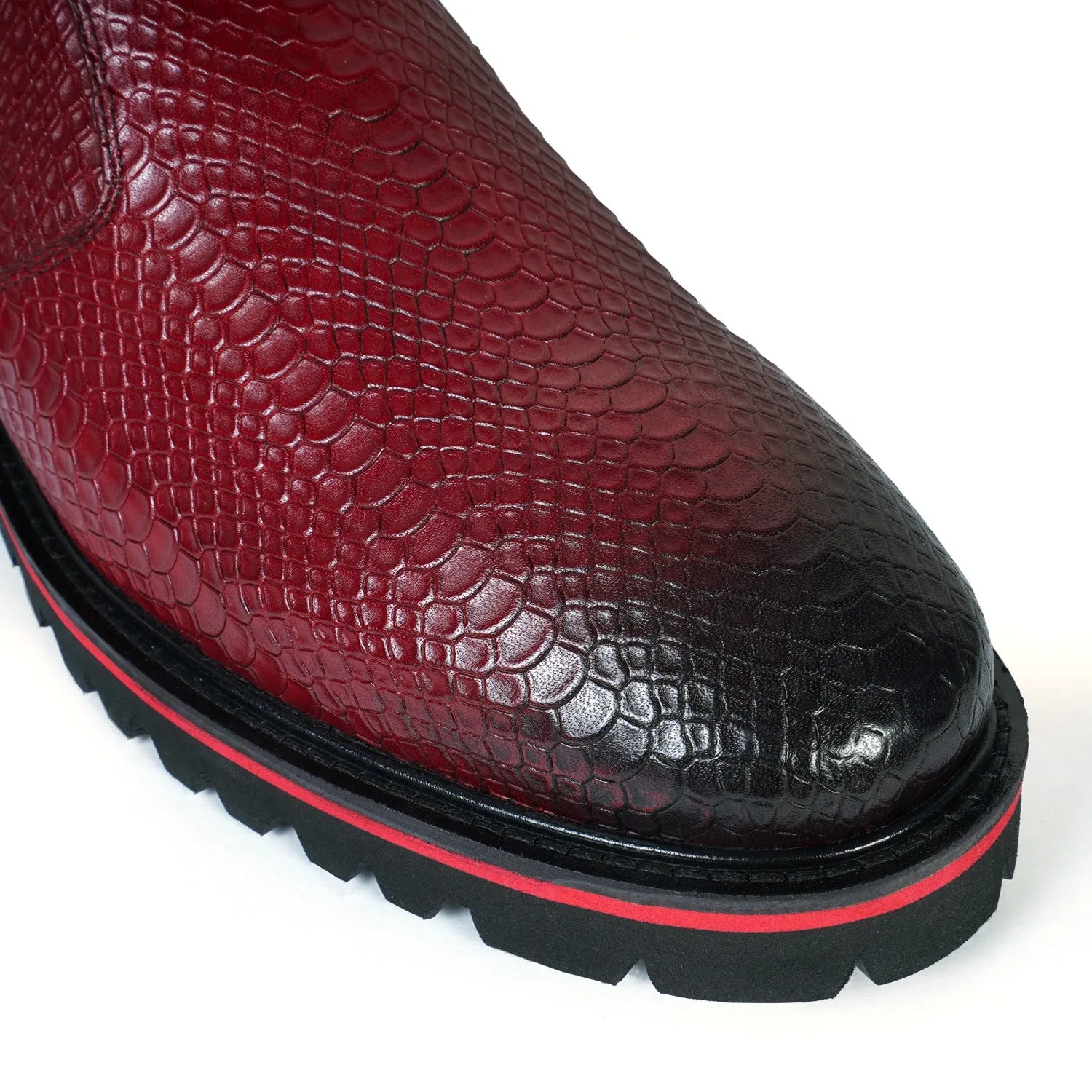 Chunky Sole Wine Chelsea Boot with Snake Skin Textured Leather