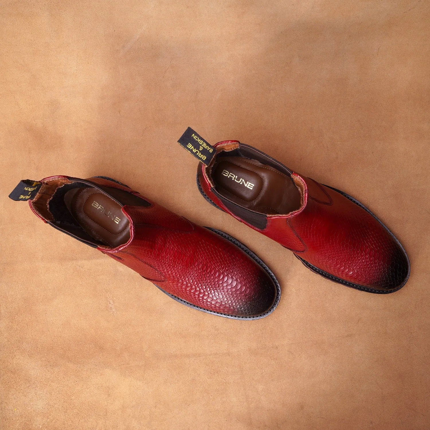 Chunky Sole Wine Chelsea Boot with Snake Skin Textured Leather