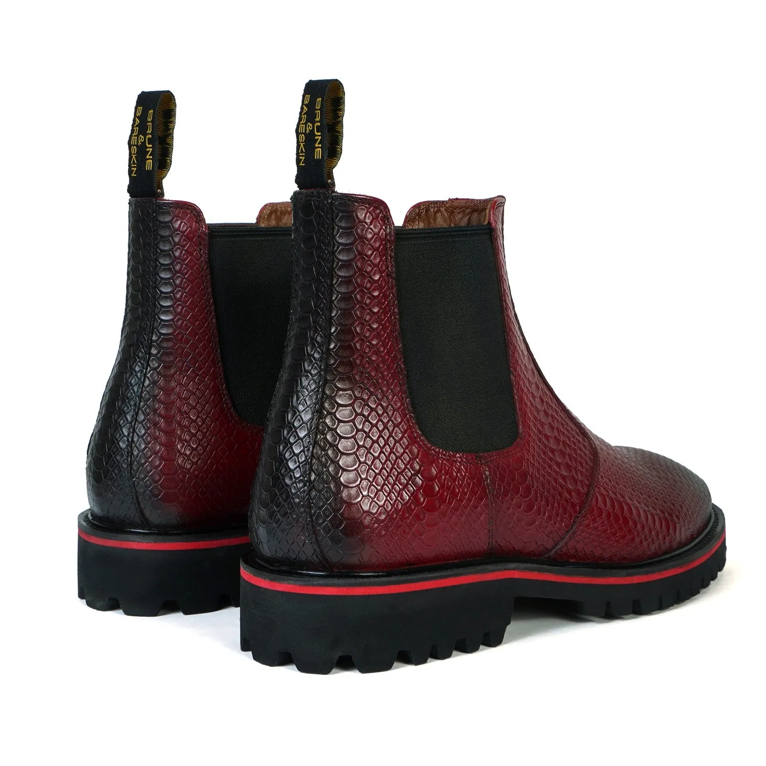 Chunky Sole Wine Chelsea Boot with Snake Skin Textured Leather