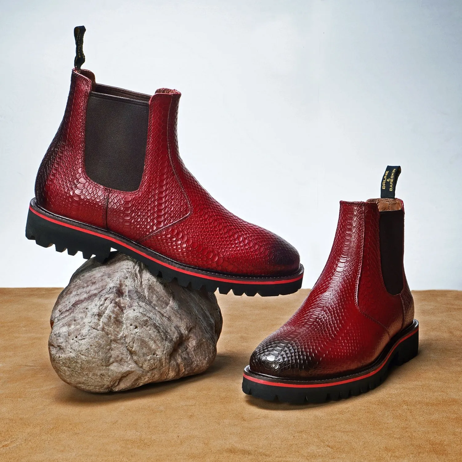 Chunky Sole Wine Chelsea Boot with Snake Skin Textured Leather