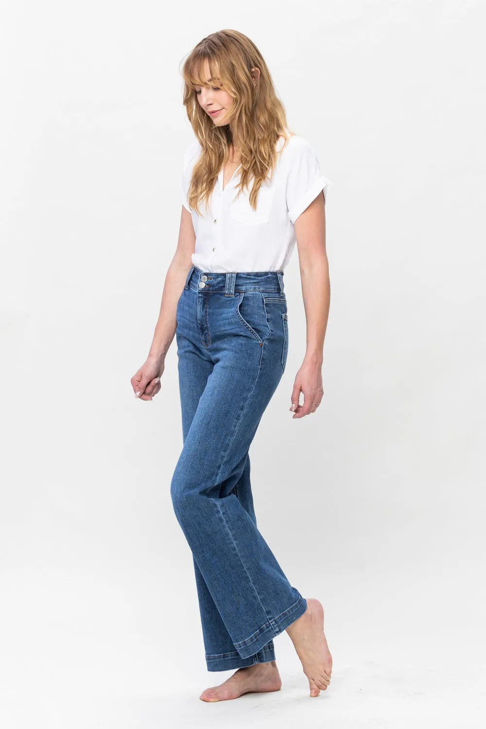 Clementine High Rise Double Button Wide Leg Denim Jeans - PLUS