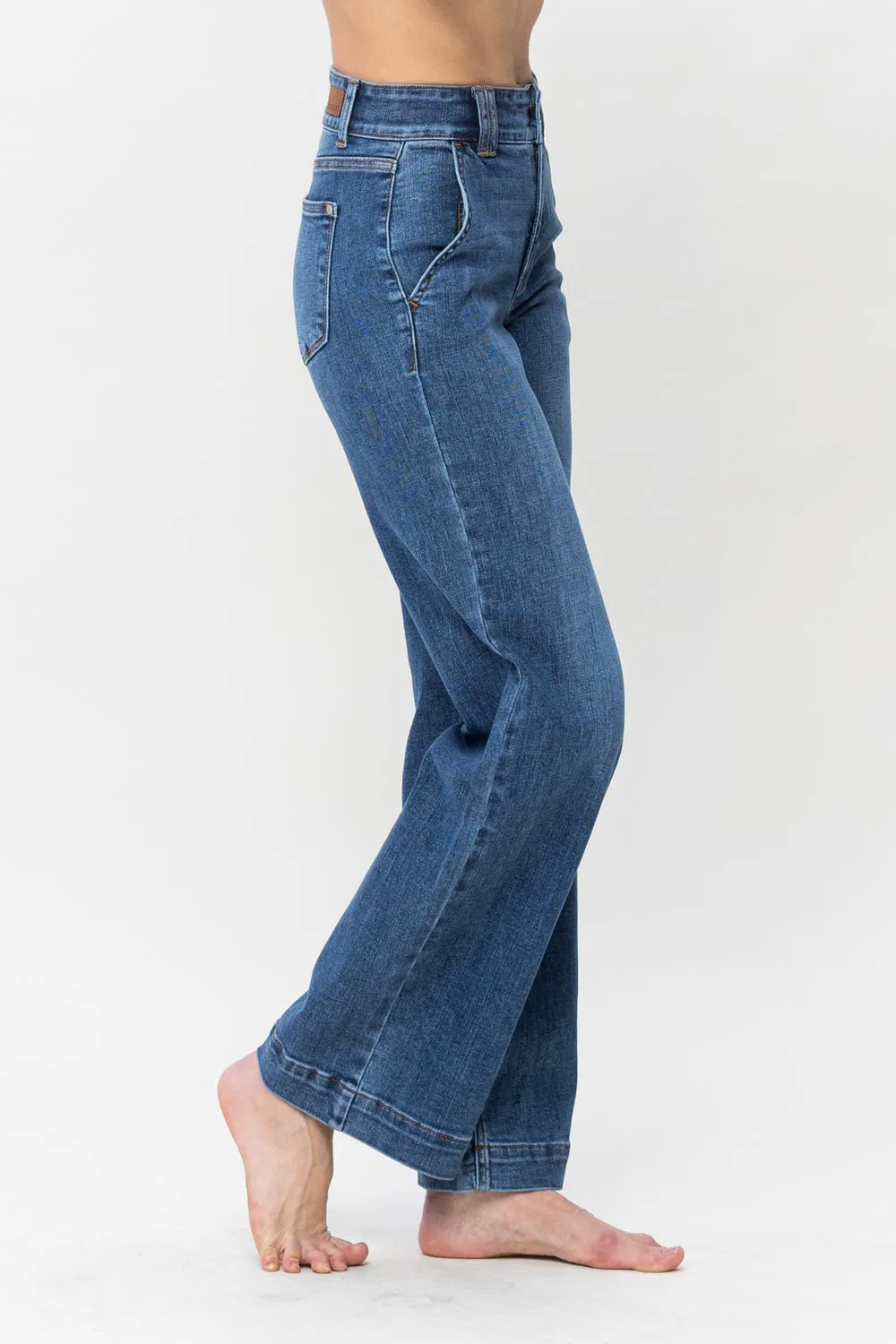 Clementine High Rise Double Button Wide Leg Denim Jeans - PLUS