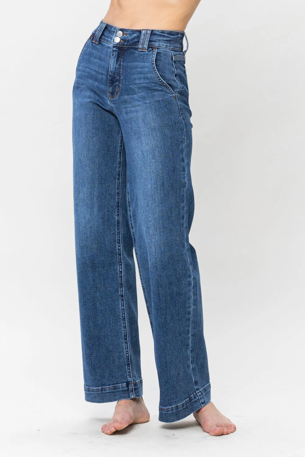 Clementine High Rise Double Button Wide Leg Denim Jeans - PLUS