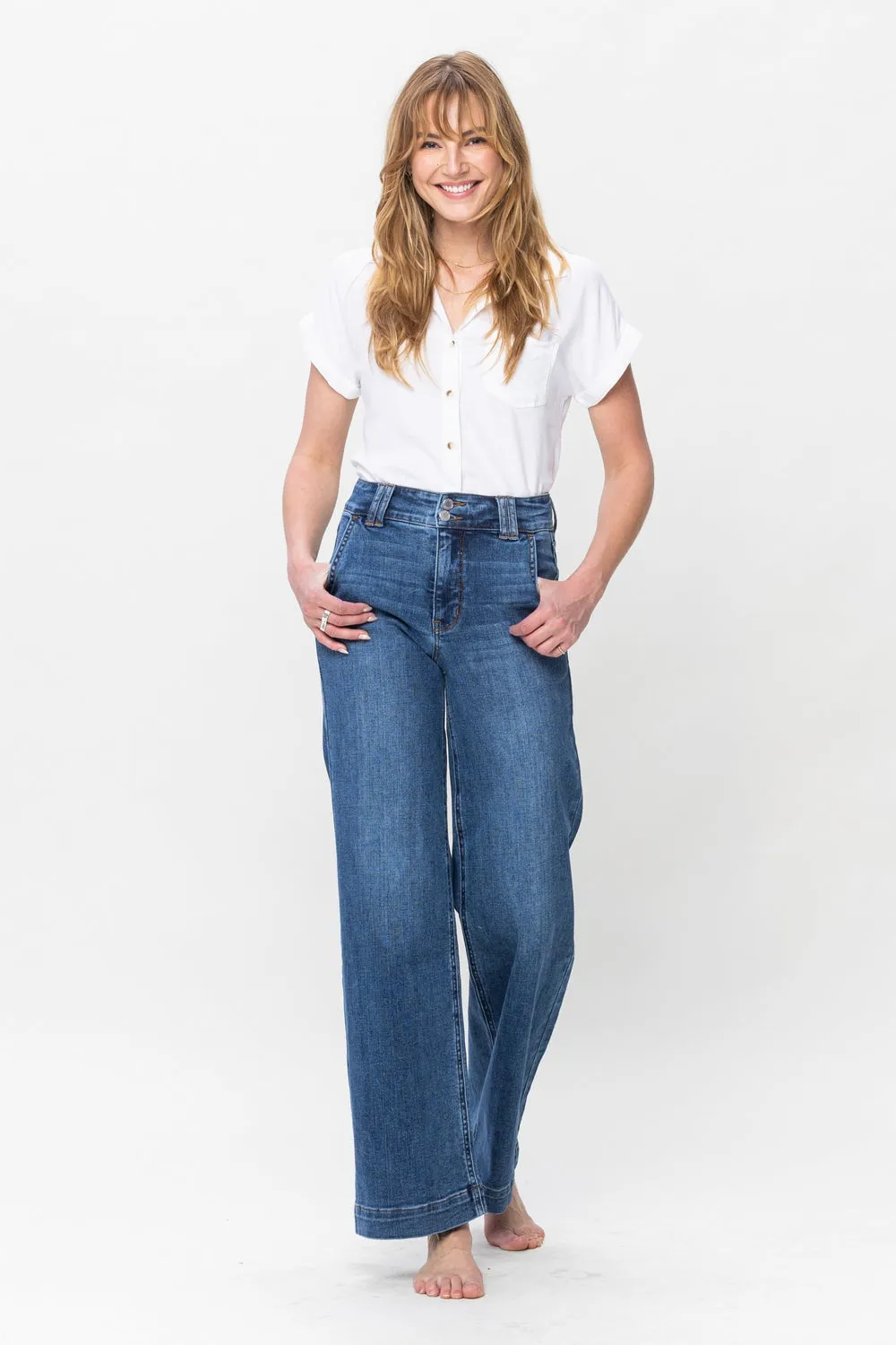 Clementine High Rise Double Button Wide Leg Denim Jeans - PLUS