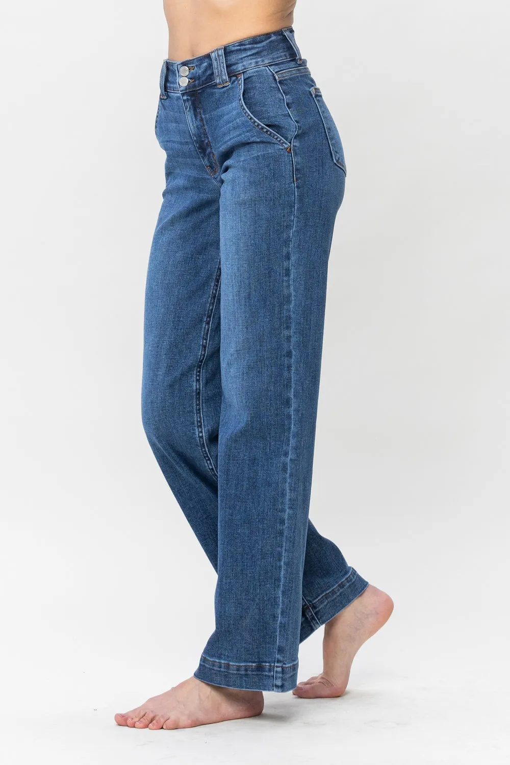 Clementine High Rise Double Button Wide Leg Denim Jeans - PLUS