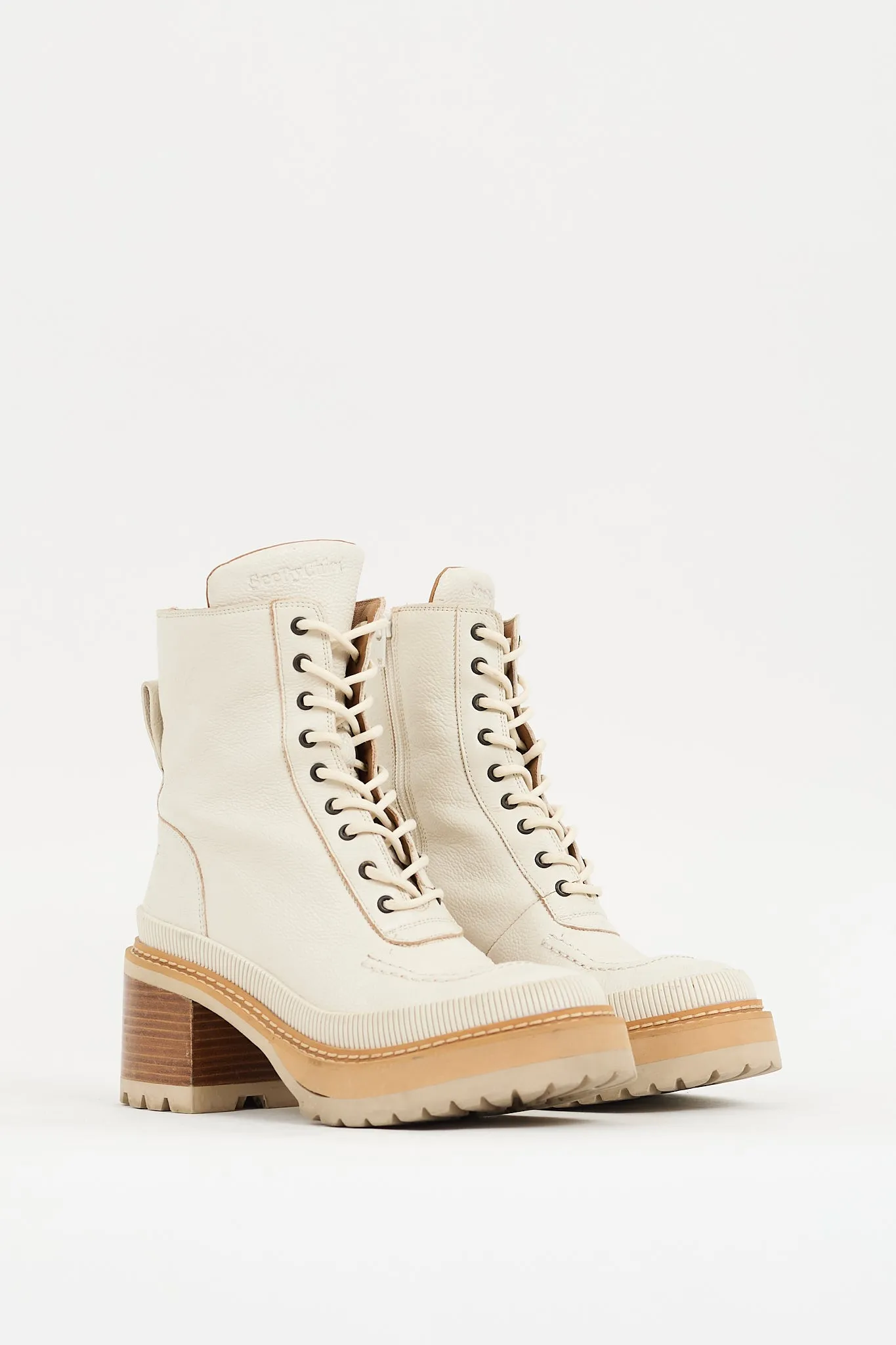 Cream Leather Mahalia Heeled Combat Boot