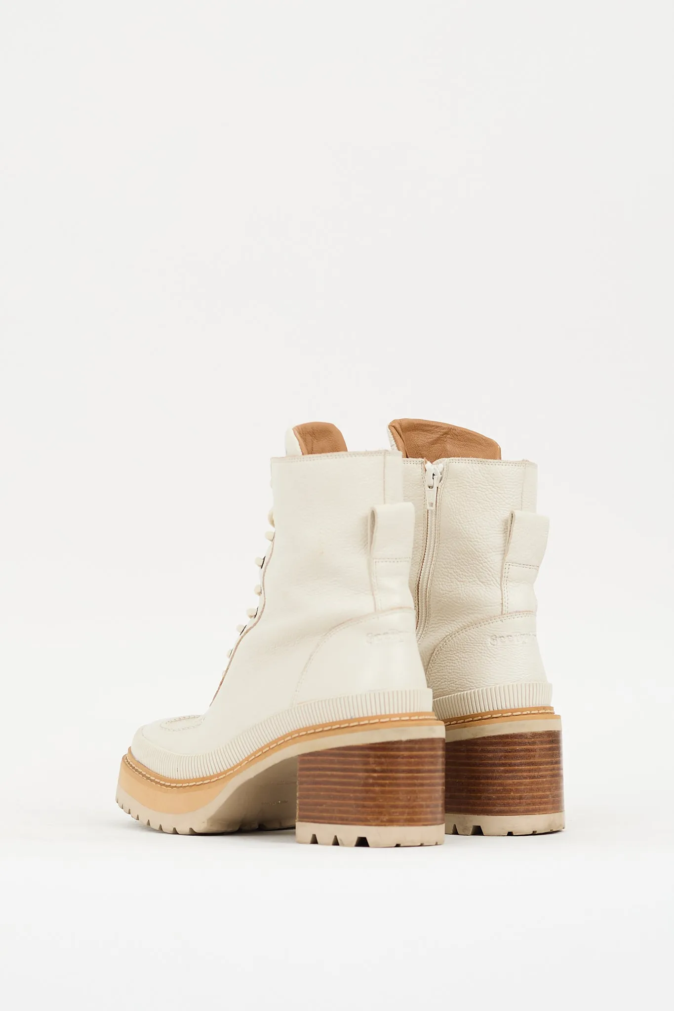 Cream Leather Mahalia Heeled Combat Boot