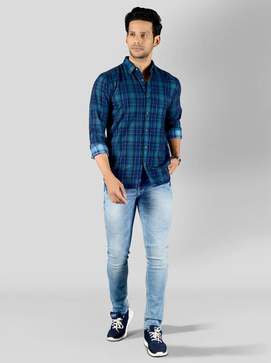 Dark Blue Checked Slim Fit Casual Shirt | JadeBlue