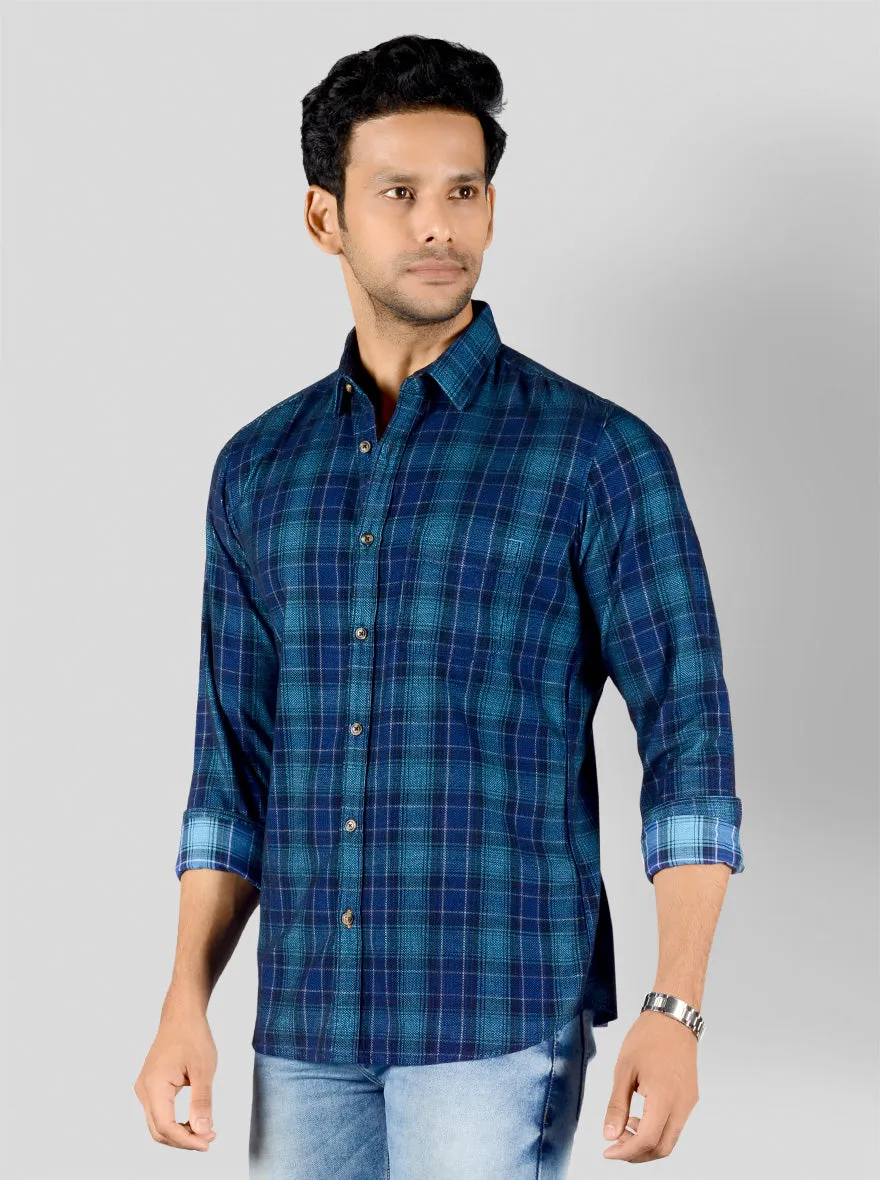 Dark Blue Checked Slim Fit Casual Shirt | JadeBlue