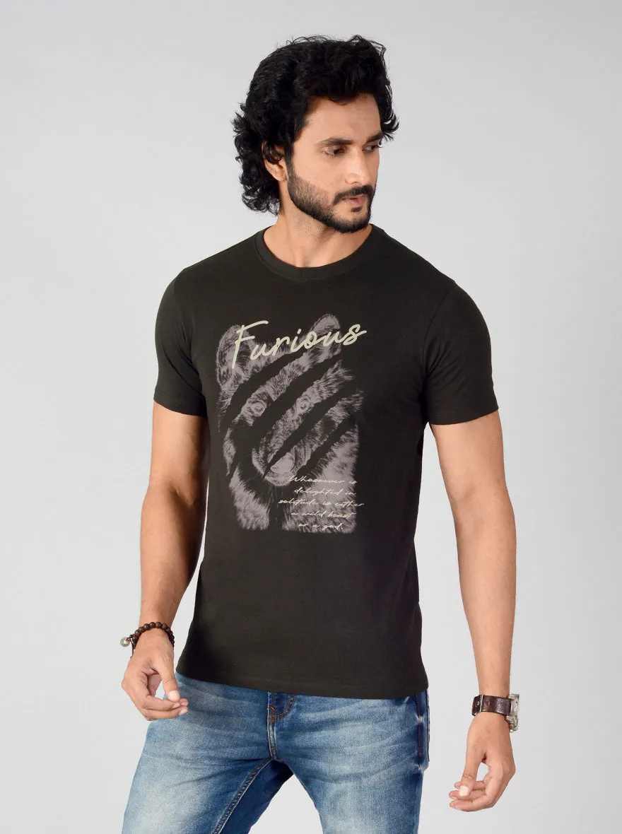 Dark Olive Green Printed Slim Fit T-shirt | Greenfibre