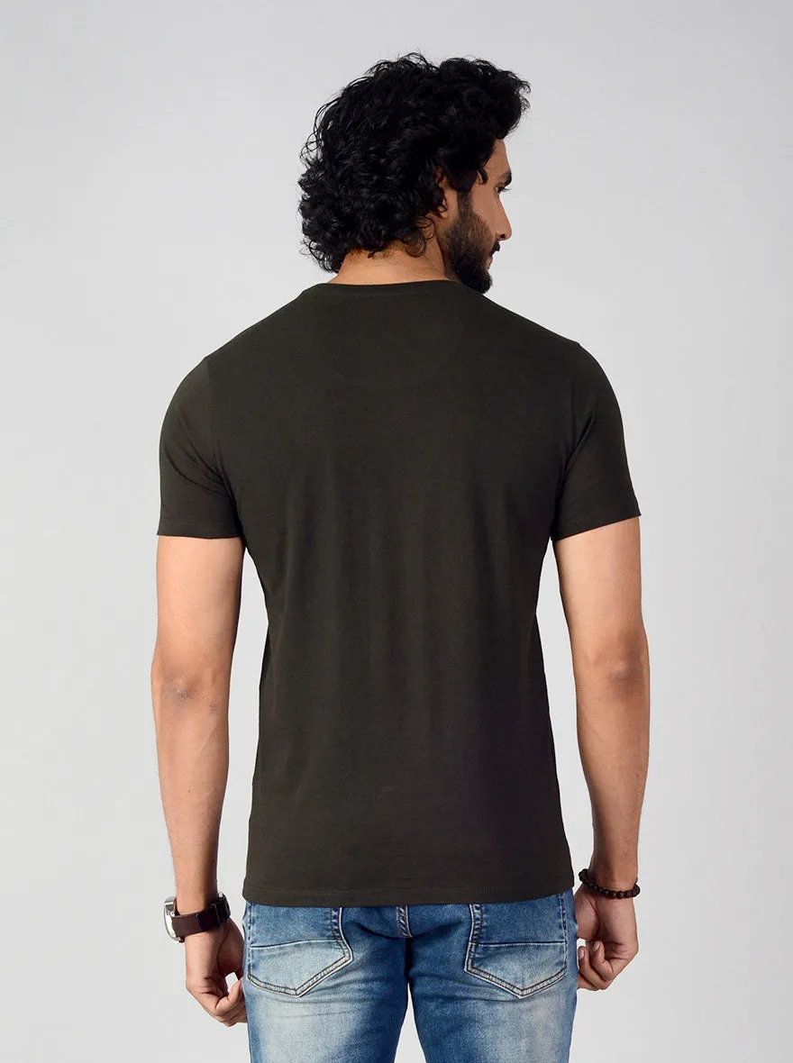 Dark Olive Green Printed Slim Fit T-shirt | Greenfibre