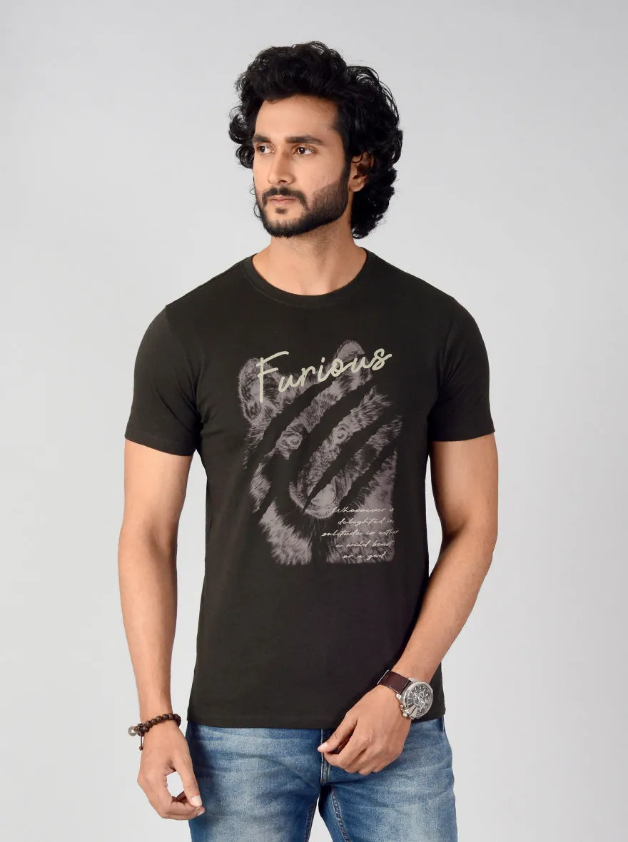 Dark Olive Green Printed Slim Fit T-shirt | Greenfibre