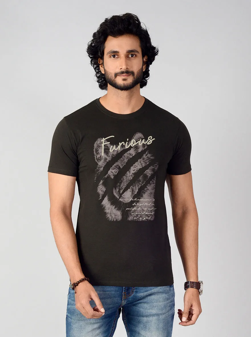 Dark Olive Green Printed Slim Fit T-shirt | Greenfibre