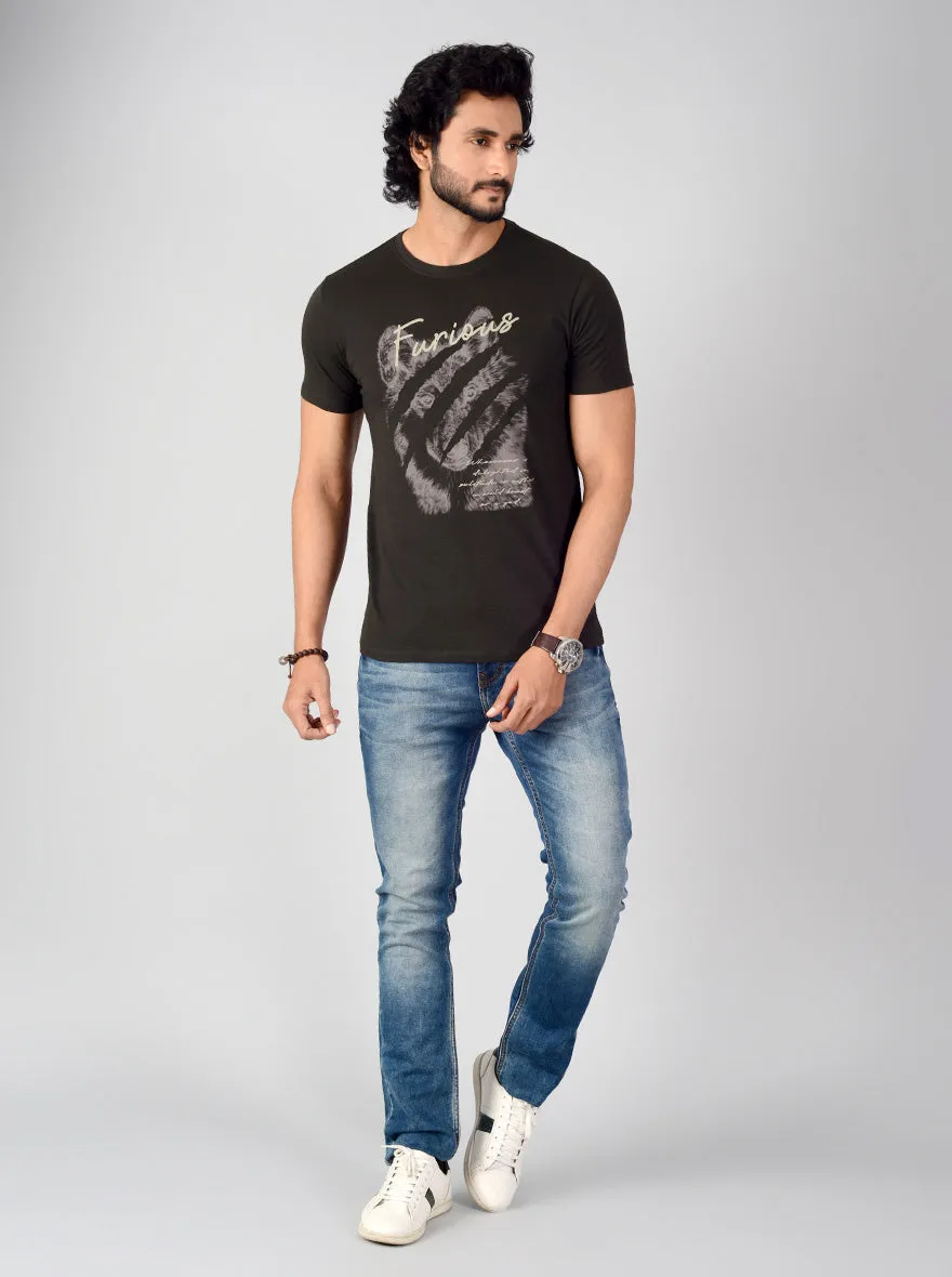 Dark Olive Green Printed Slim Fit T-shirt | Greenfibre