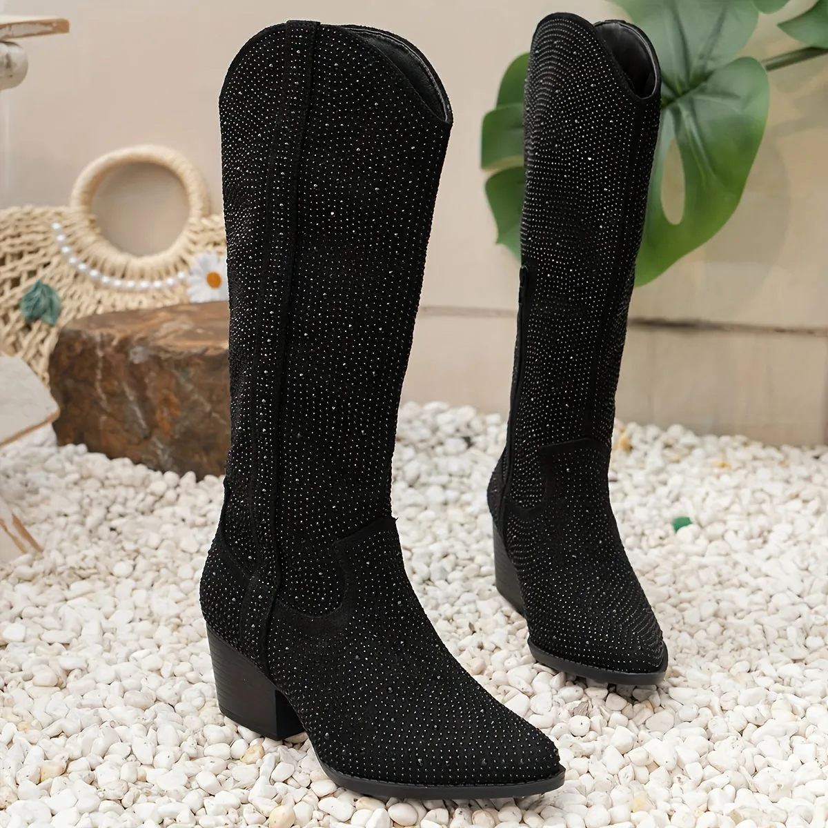 Dazzling Rhinestone High-Top Cowboy Boots - Stylish Pointed Toe, Chunky Heel, Western Elegance for Fashion-Forward Ladies