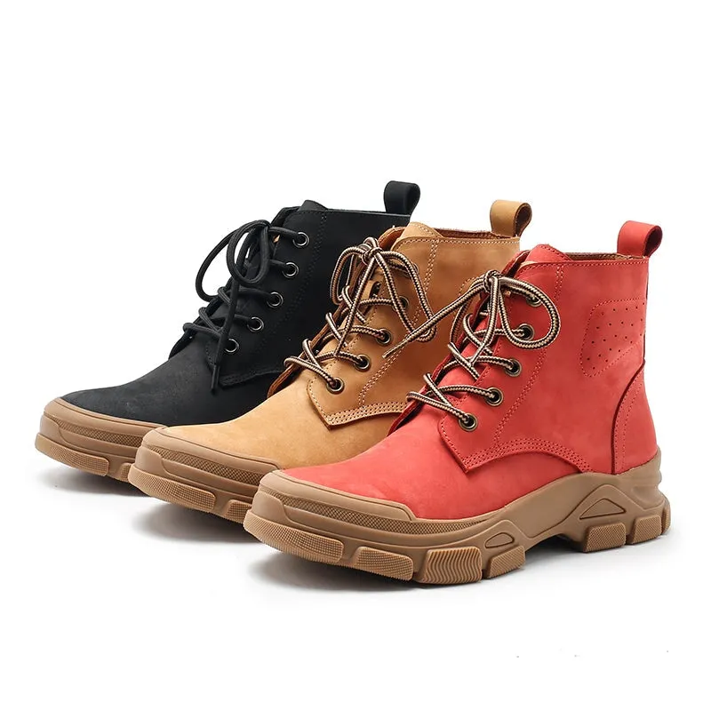 Designer Leather Short Boots Lace Up Combat Boots in Yellow/Red/Black