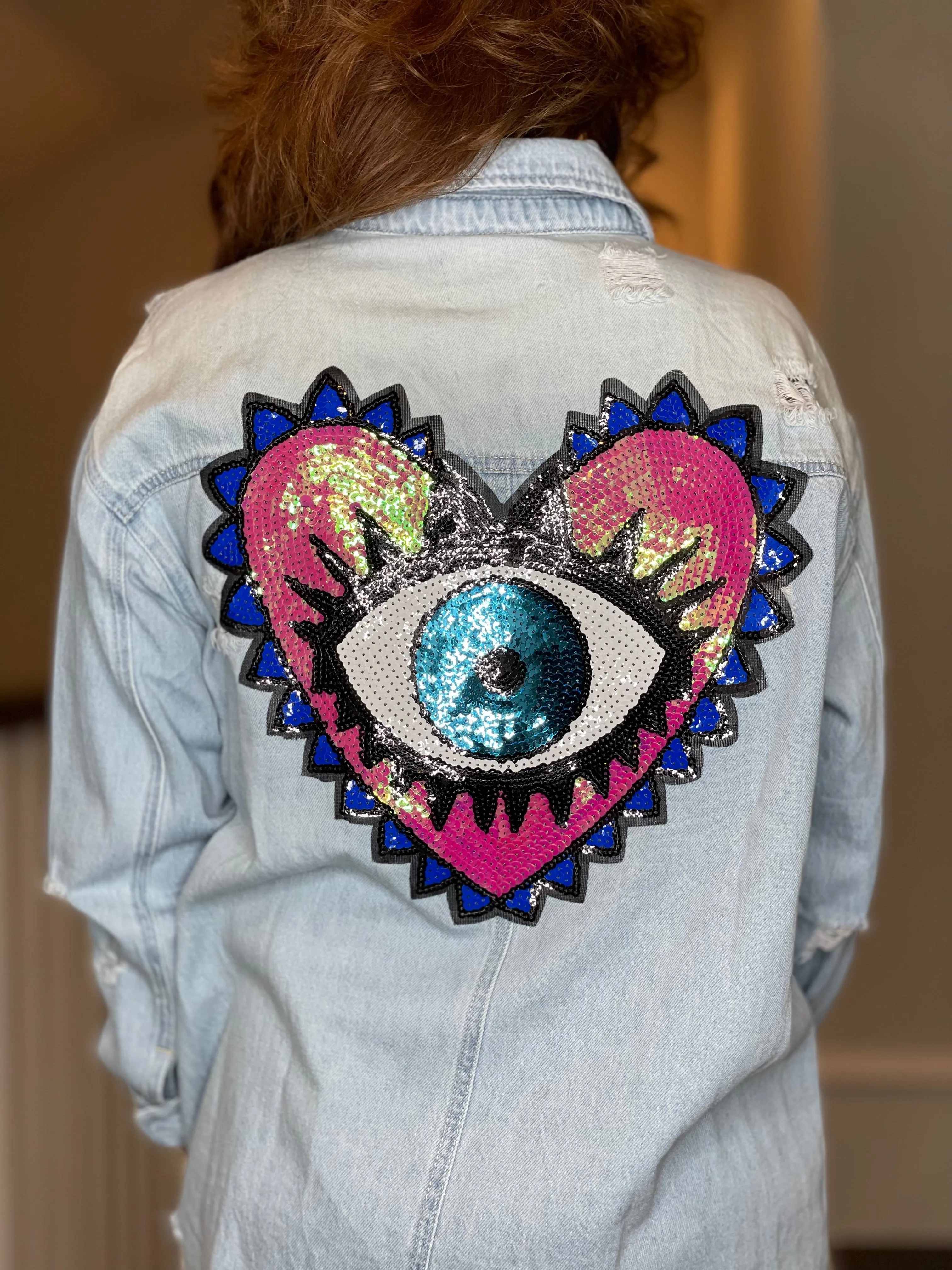 Distressed Denim Shacket with Evil Eye Heart Embellishment