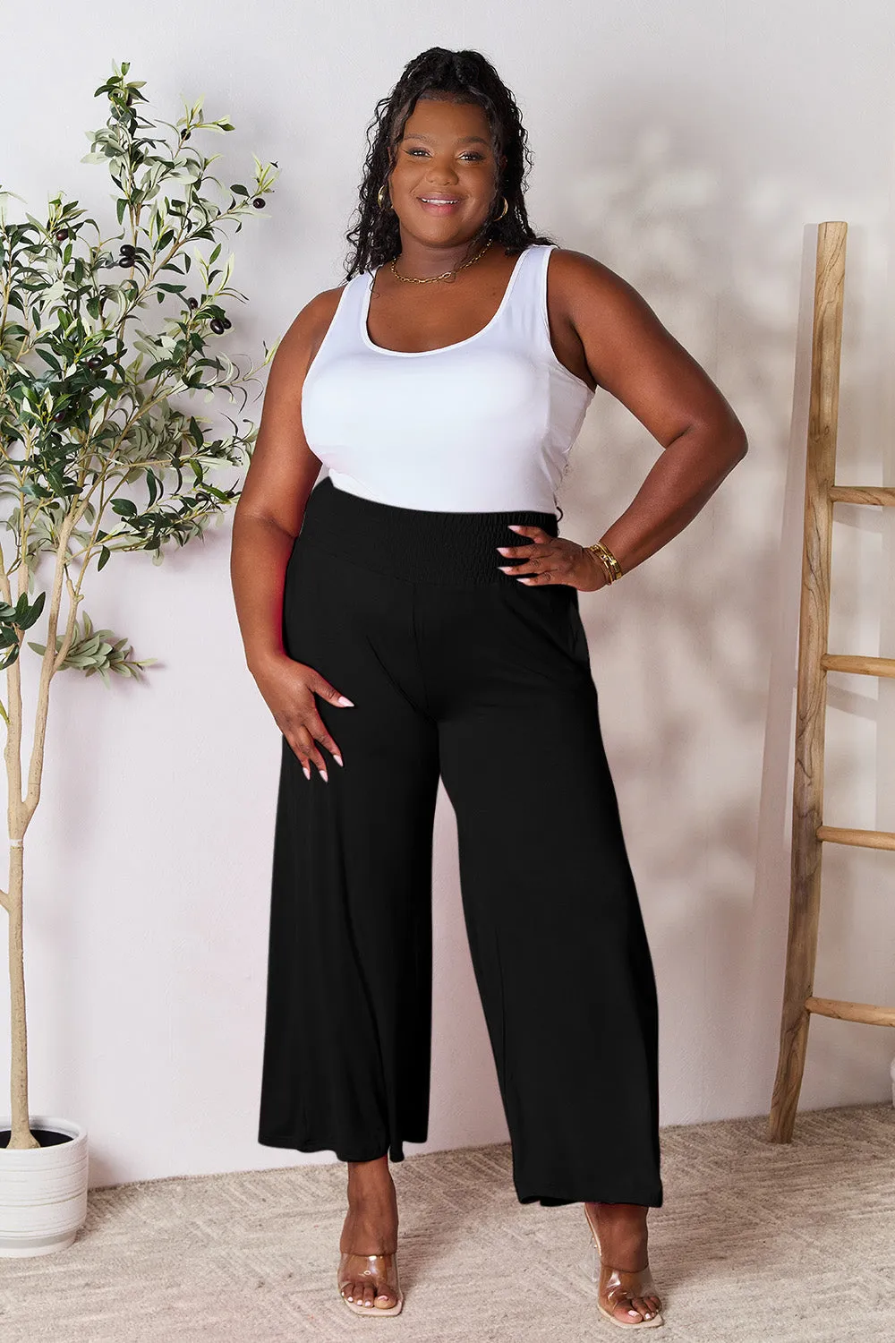 Double Take Full Size Smocked Wide Waistband Wide Leg Pants