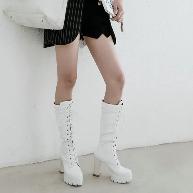 Faux leather chunky platform high heels mid calf combat boots