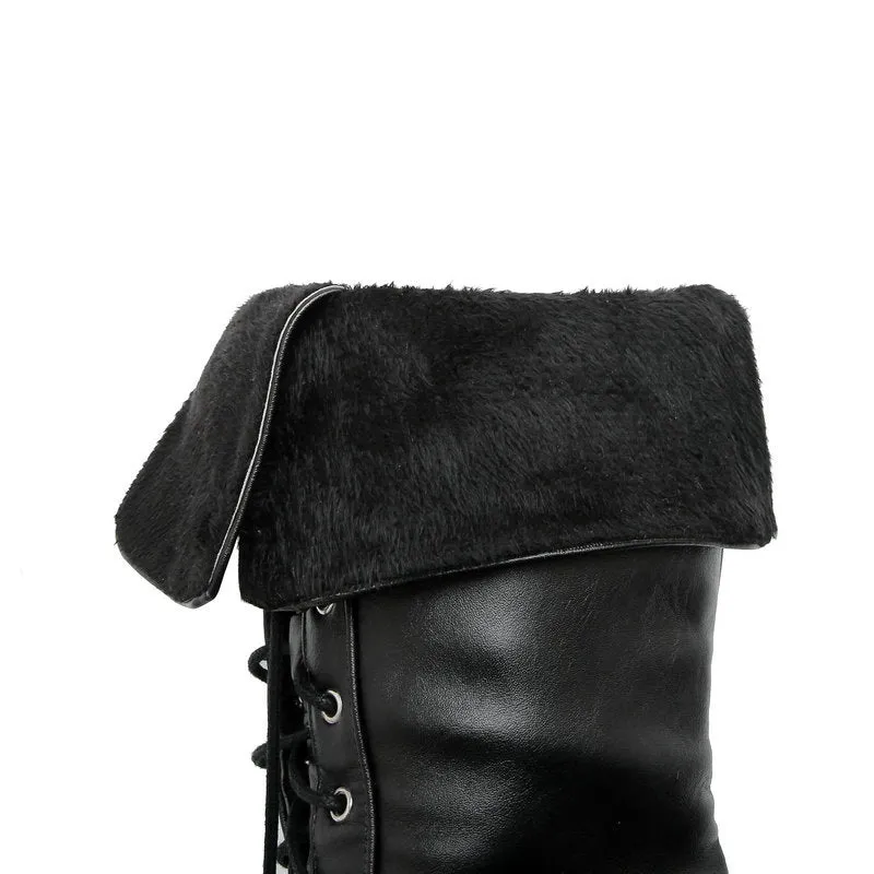 Faux leather chunky platform high heels mid calf combat boots