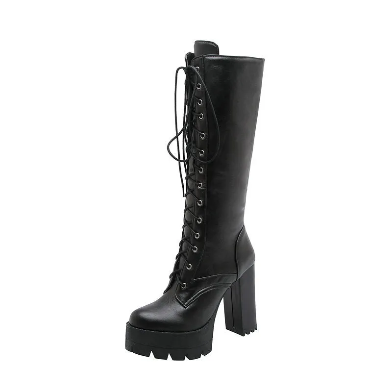 Faux leather chunky platform high heels mid calf combat boots