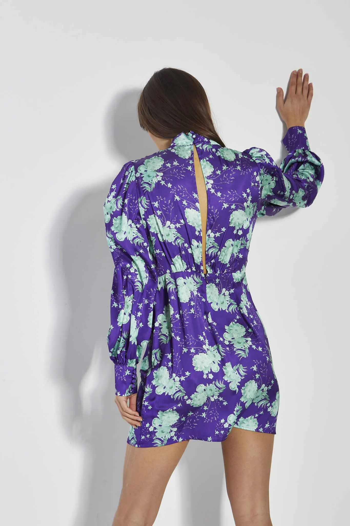 Glamorous Care Purple Green Floral Puff Sleeve Mini Dress