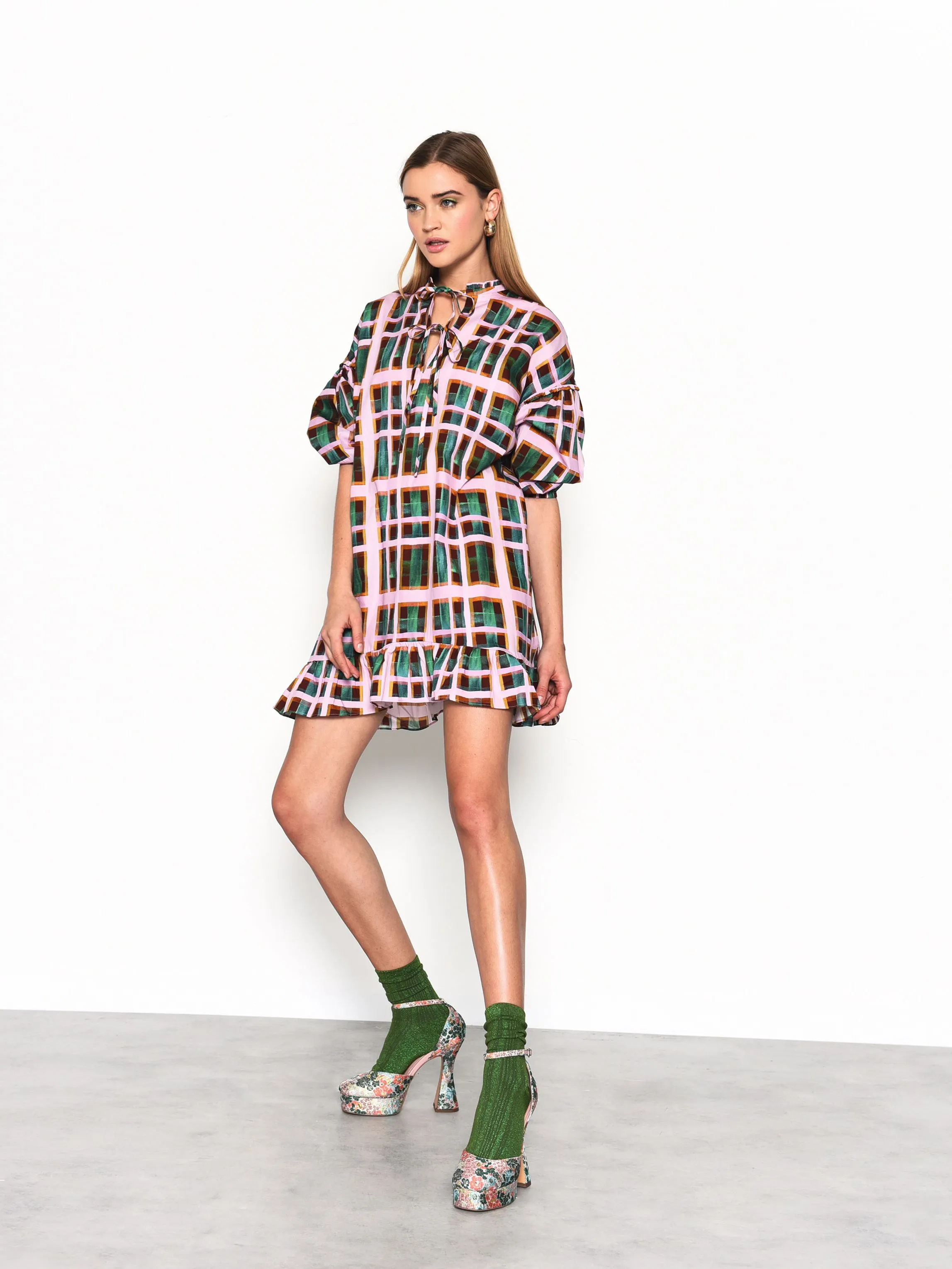 Glamorous Green Check Puff Sleeve Mini Smock Dress