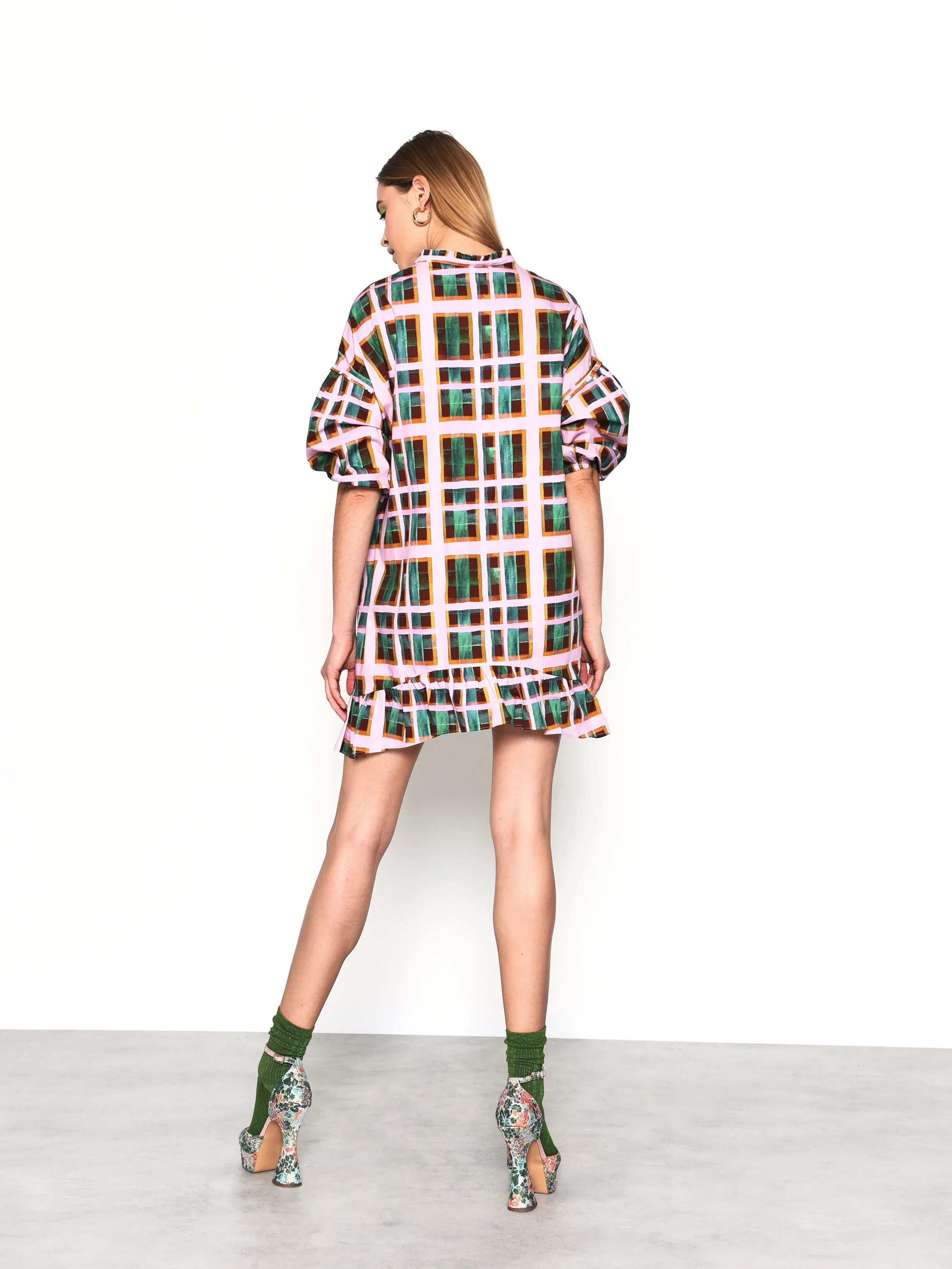 Glamorous Green Check Puff Sleeve Mini Smock Dress