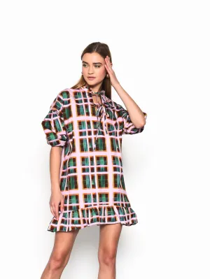 Glamorous Green Check Puff Sleeve Mini Smock Dress