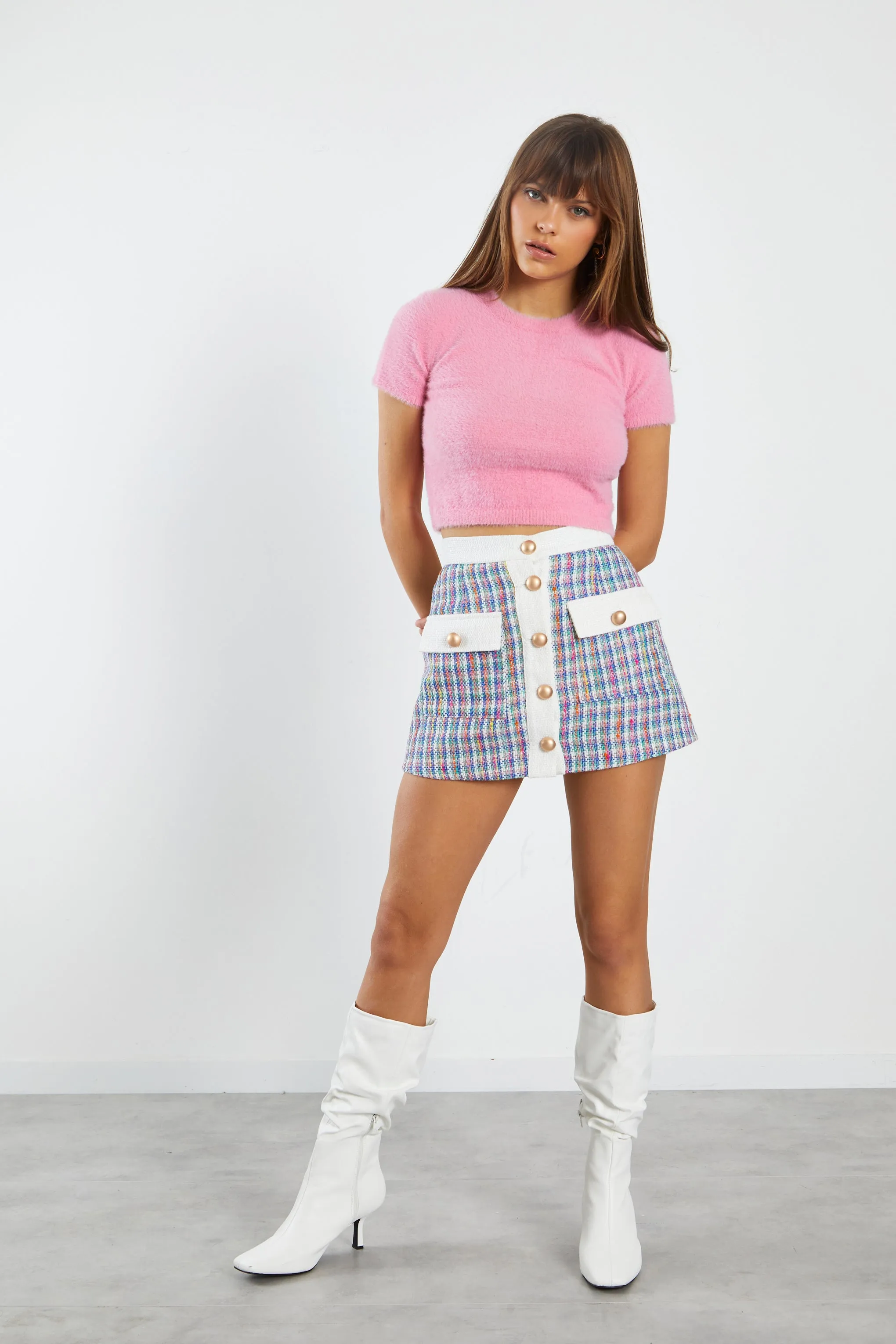 Glamorous Multi Tweed White Mini Skirt with Contrast Pockets & Waistband